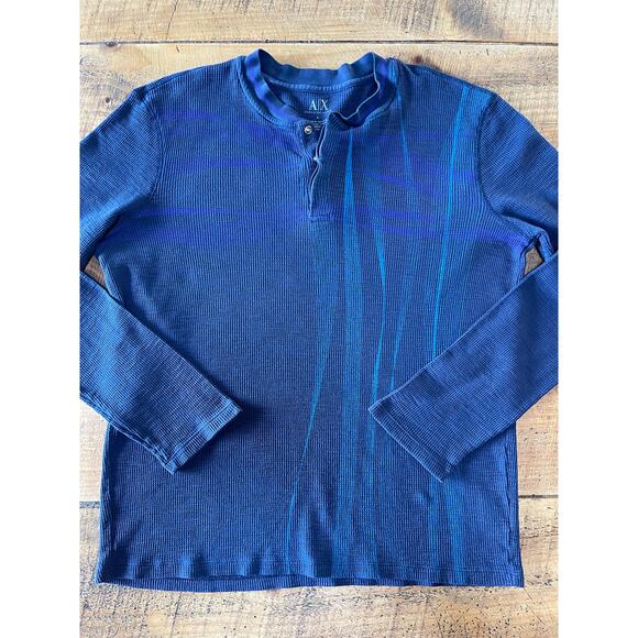 Mens Armani Exchange Blue Long Sleeve Waffle Knit Henley‎ Sleeve Buttons Size L - Picture 1 of 9